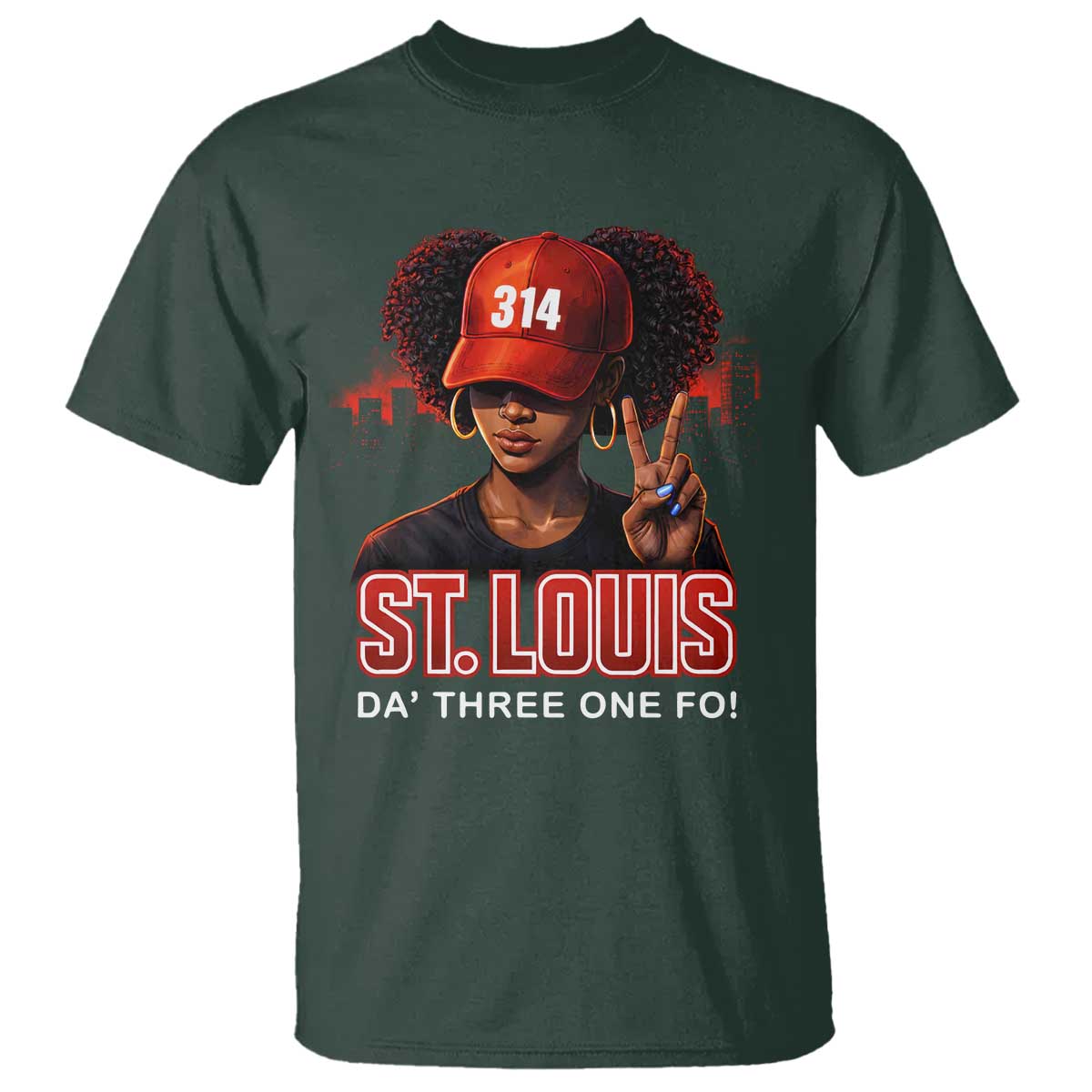 314 St Louis T Shirt Red Hat African American Woman STL City Pride Area Code TS10 Dark Forest Green Print Your Wear
