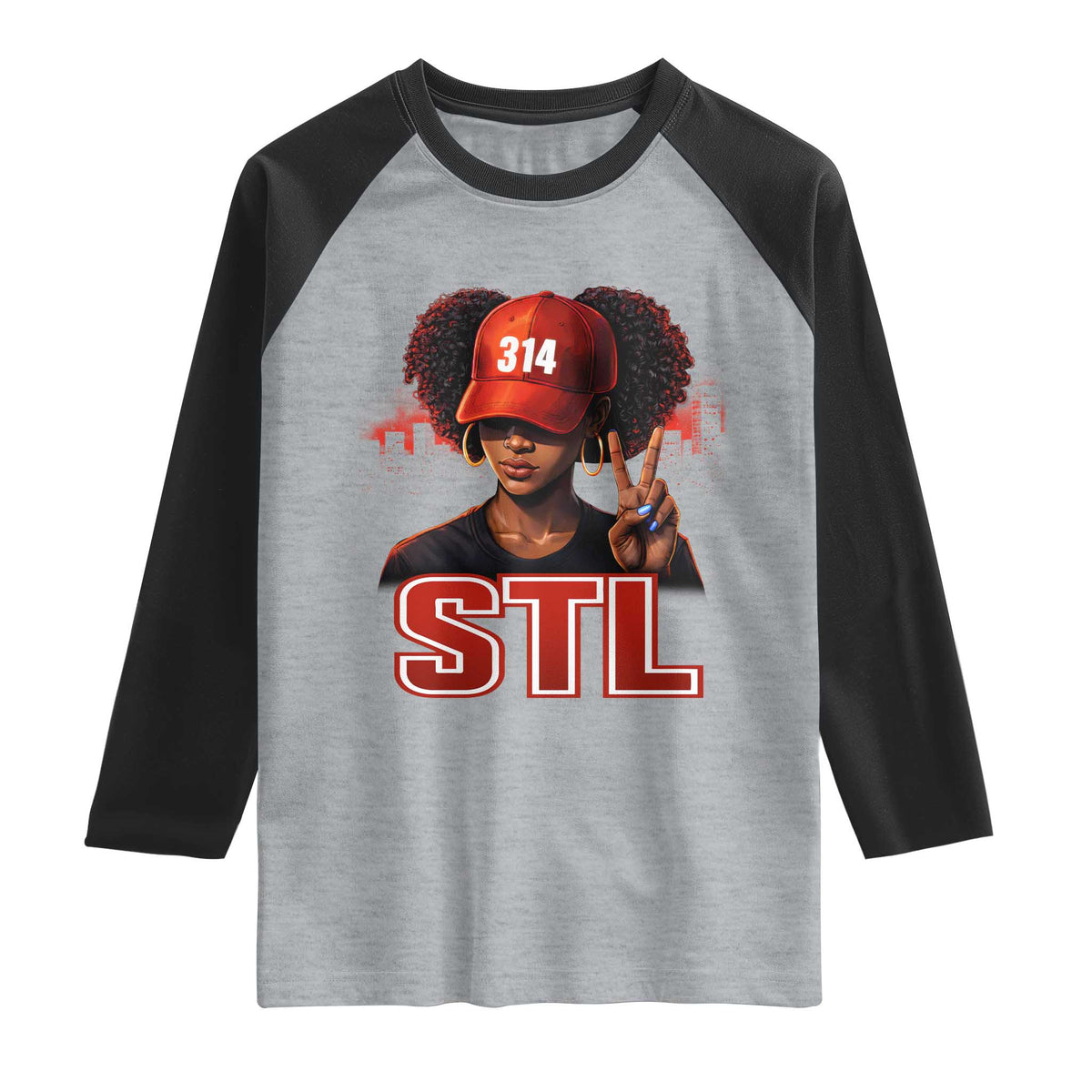 314 STL Raglan Shirt Red Hat African American Woman Area Code St Louis City Pride TS10 Heather Gray Black Print Your Wear