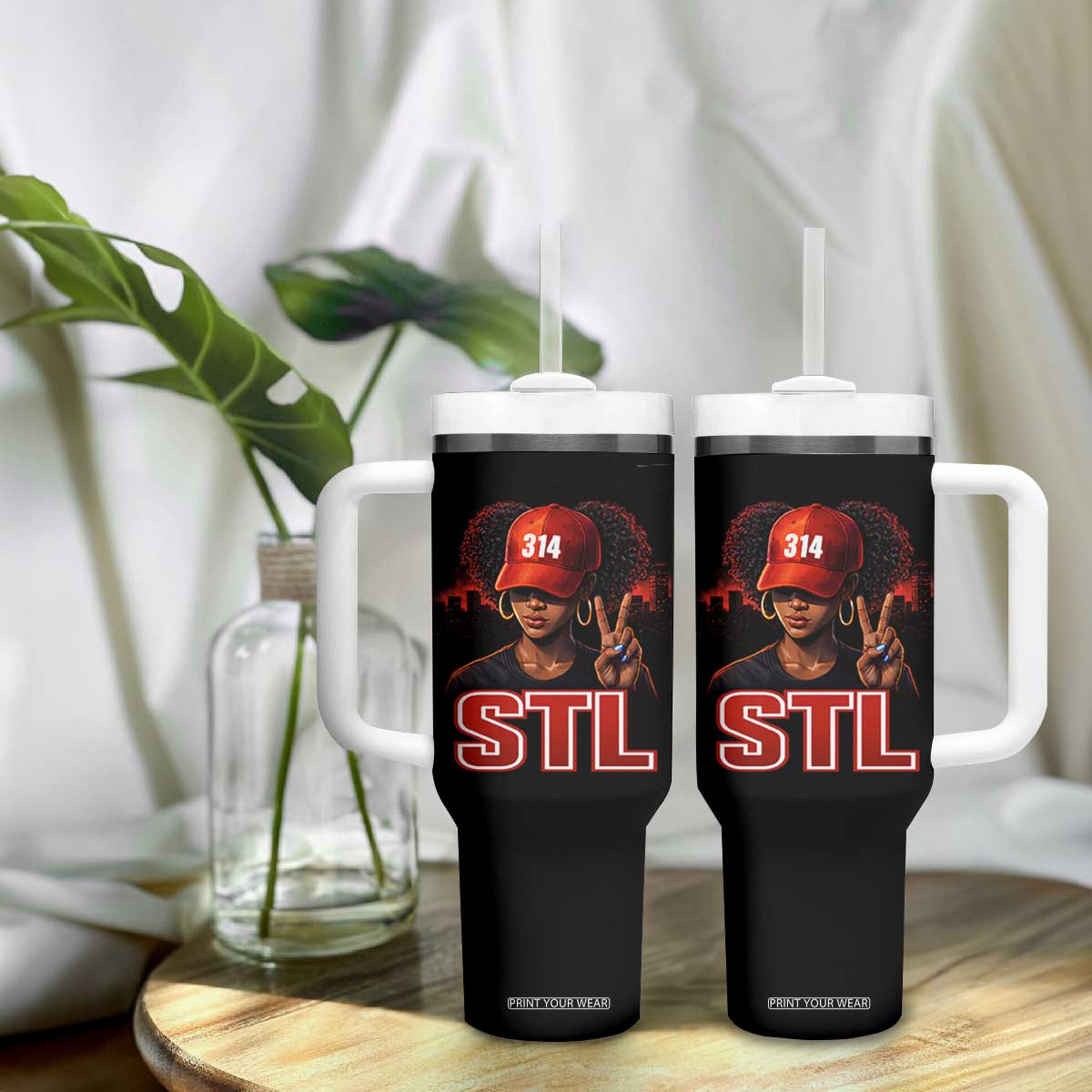 314 STL Tumbler With Handle Red Hat African American Woman Area Code St Louis City Pride TS10 Print Your Wear
