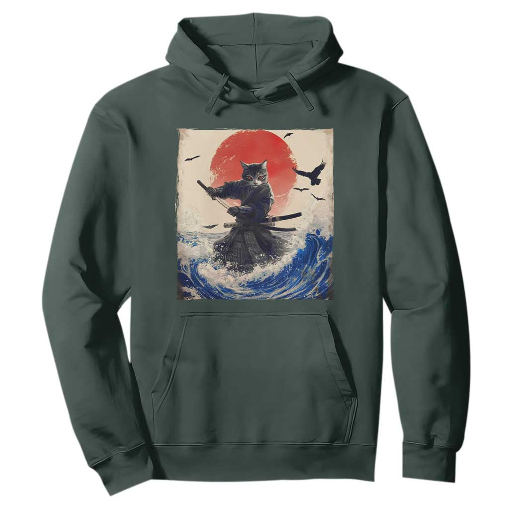 Samurai Cat Hoodie Vintage Japanese Art Anime Ukiyo-e Warrior TS10 Dark Forest Green Print Your Wear