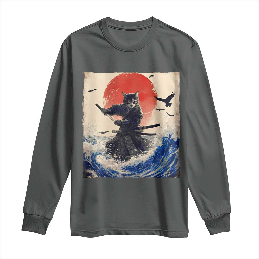 Samurai Cat Long Sleeve Shirt Vintage Japanese Art Anime Ukiyo-e Warrior TS10 Dark Heather Print Your Wear