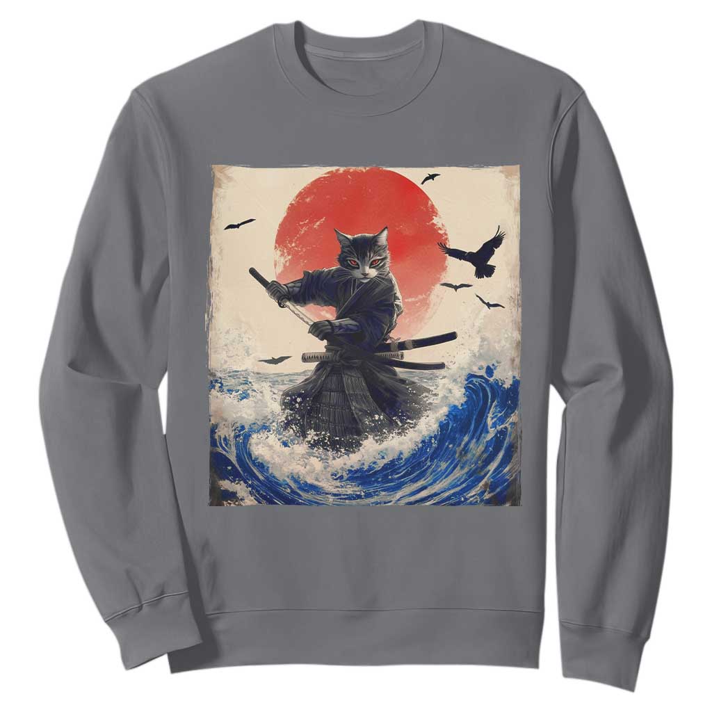 Samurai Cat Sweatshirt Vintage Japanese Art Anime Ukiyo-e Warrior TS10 Charcoal Print Your Wear