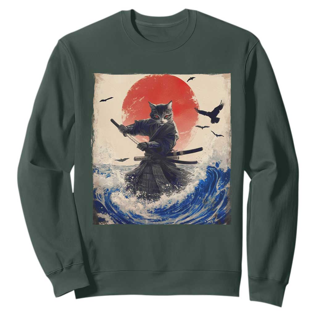Samurai Cat Sweatshirt Vintage Japanese Art Anime Ukiyo-e Warrior TS10 Dark Forest Green Print Your Wear