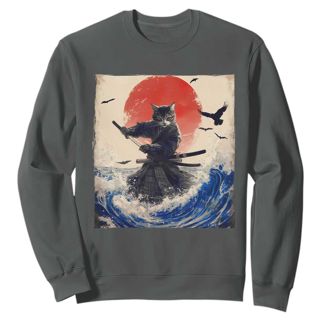 Samurai Cat Sweatshirt Vintage Japanese Art Anime Ukiyo-e Warrior TS10 Dark Heather Print Your Wear