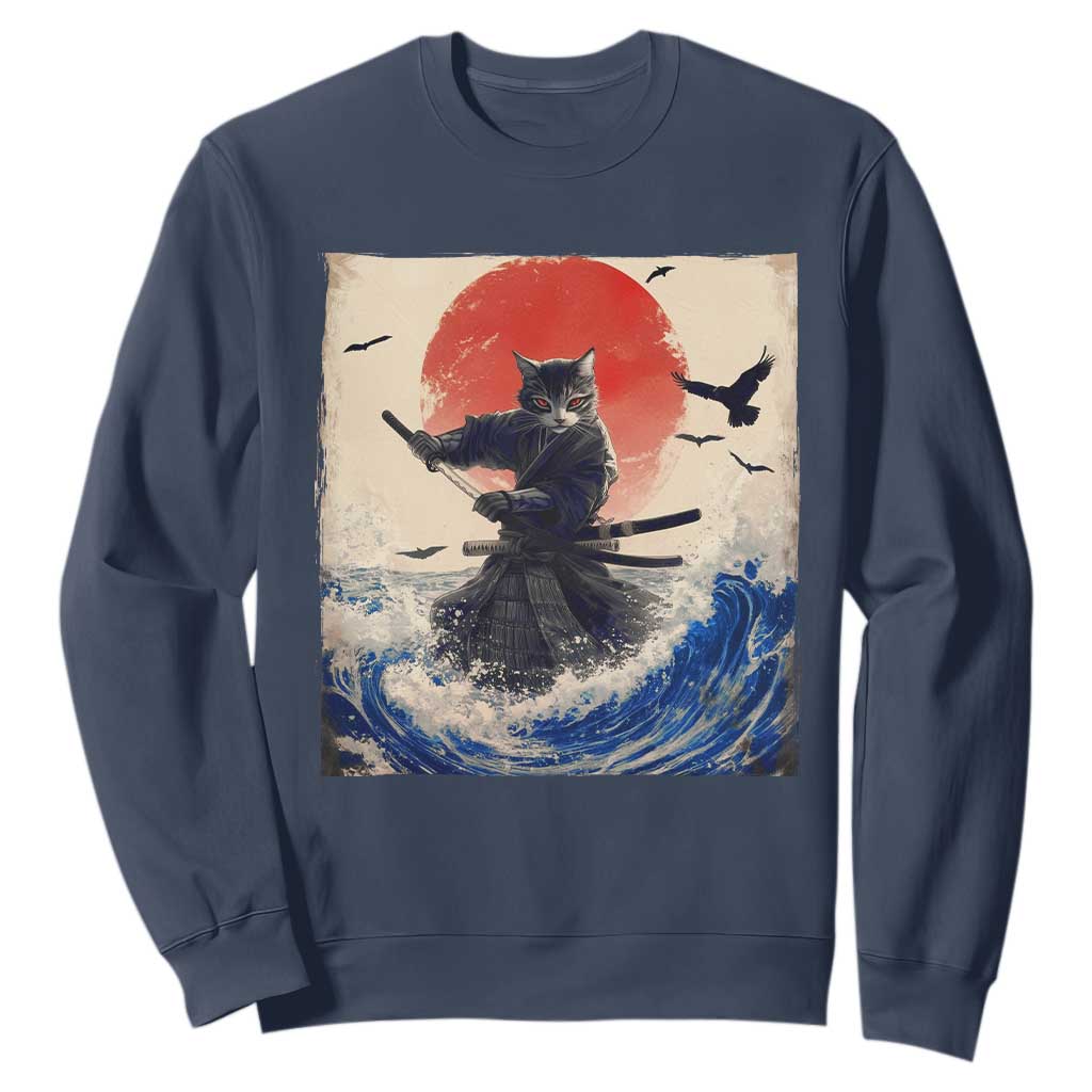 Samurai Cat Sweatshirt Vintage Japanese Art Anime Ukiyo-e Warrior TS10 Navy Print Your Wear