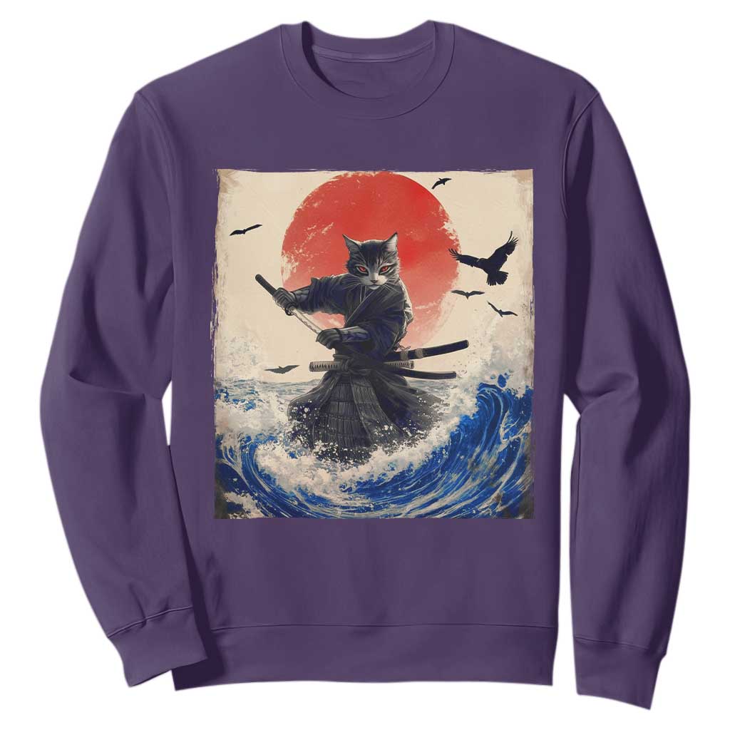 Samurai Cat Sweatshirt Vintage Japanese Art Anime Ukiyo-e Warrior TS10 Purple Print Your Wear