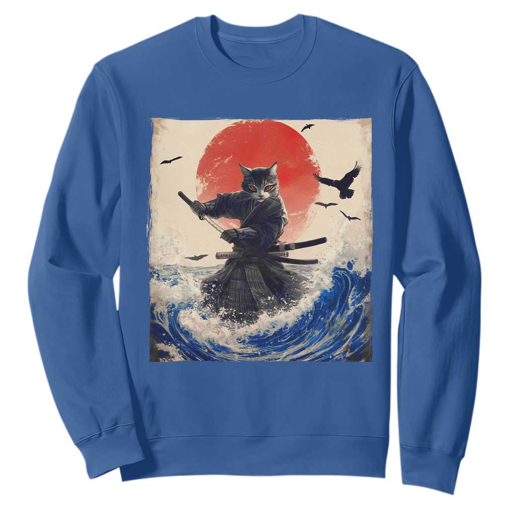 Samurai Cat Sweatshirt Vintage Japanese Art Anime Ukiyo-e Warrior TS10 Royal Blue Print Your Wear
