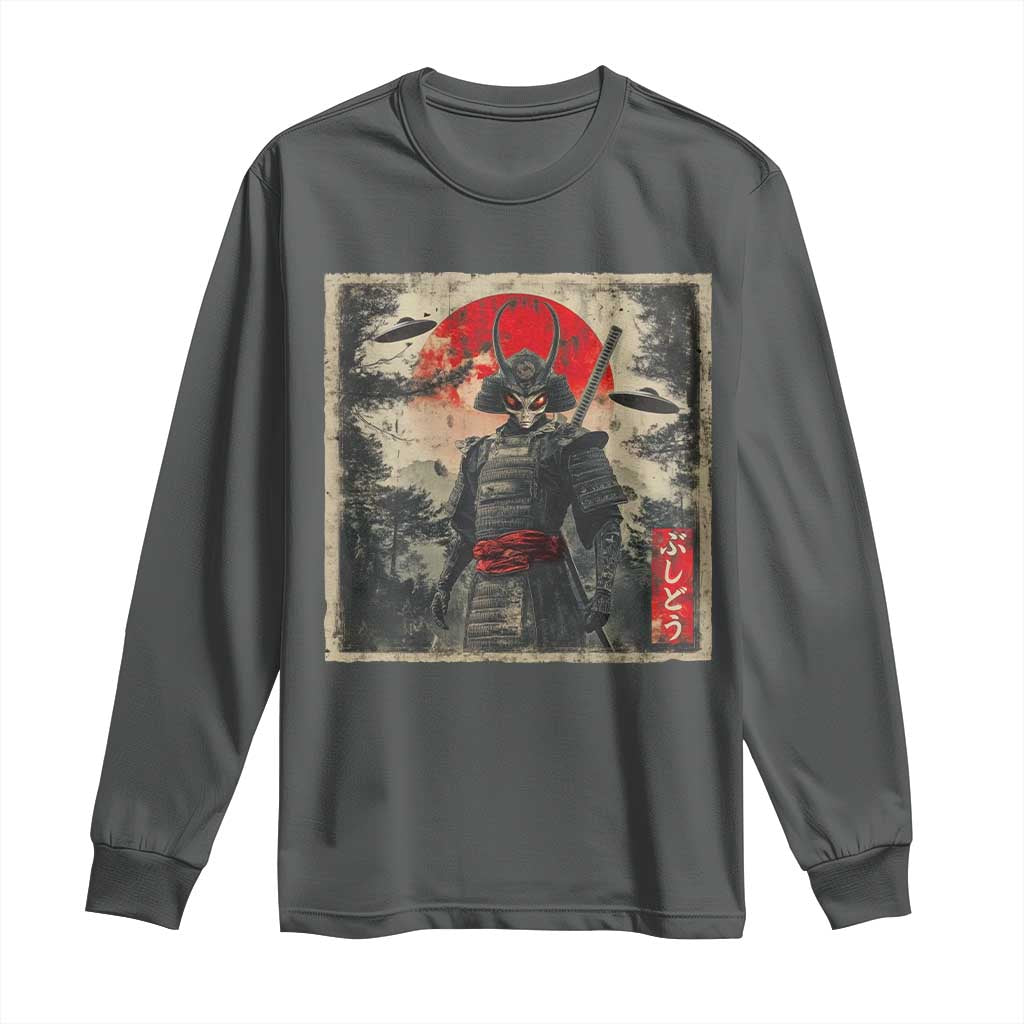 Alien Samurai Long Sleeve Shirt Vintage Japanese Art UFO Funny Ukiyo-e Warrior TS10 Dark Heather Print Your Wear