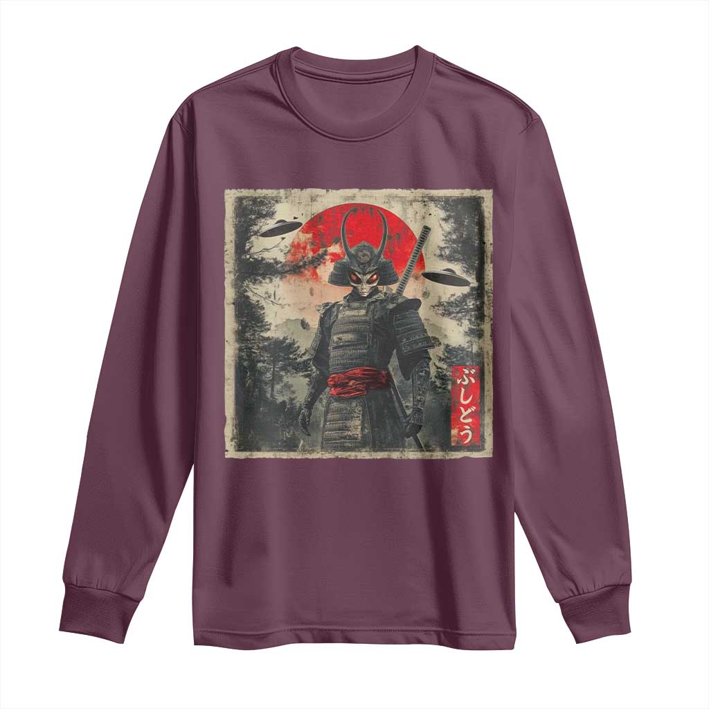 Alien Samurai Long Sleeve Shirt Vintage Japanese Art UFO Funny Ukiyo-e Warrior TS10 Maroon Print Your Wear