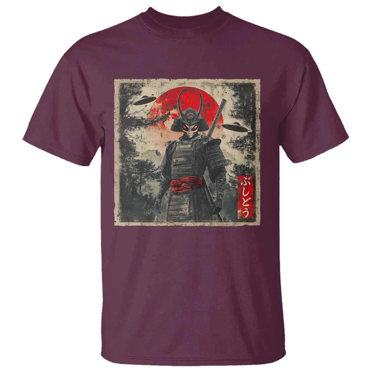 Alien Samurai T Shirt Vintage Japanese Art UFO Funny Ukiyo-e Warrior TS10 Maroon Print Your Wear
