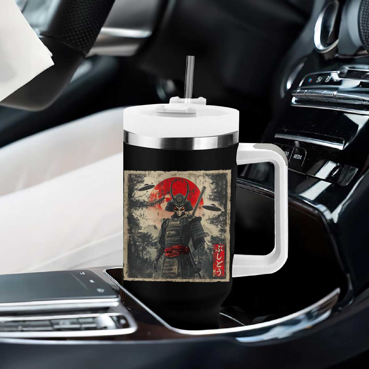 Alien Samurai Tumbler With Handle Vintage Japanese Art UFO Funny Ukiyo-e Warrior TS10 Print Your Wear