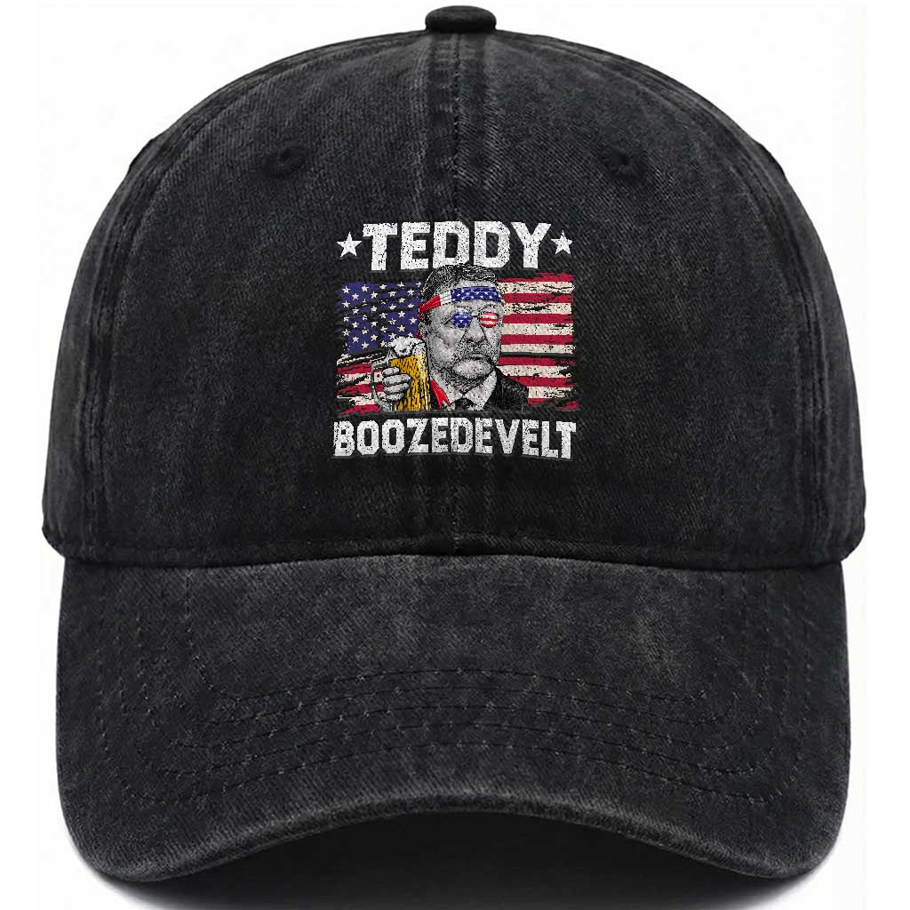 Funny Theodore Roosevelt 4th Of July Washed Cotton Baseball Cap Teddy Boozedevelt Drinking American Flag TS10 Washed Cap Universal Fit Black Print Your Wear
