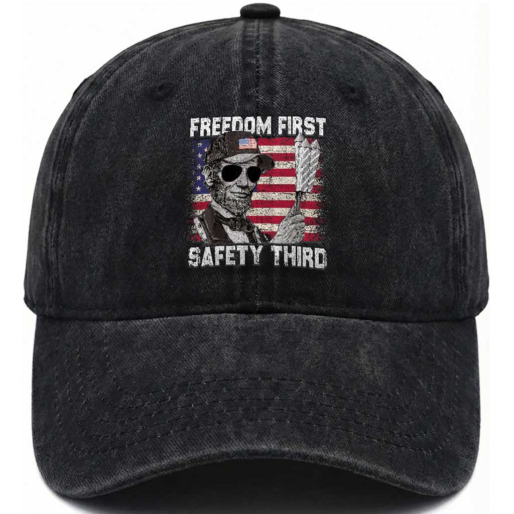 Lincoln 4th Of July Washed Cotton Baseball Cap Abe Freedom First Safety Third American Flag TS10 Washed Cap Universal Fit Black Print Your Wear