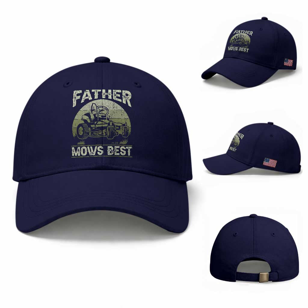 Father Mows Best Baseball Cap Lawn Mower Mowing Dad Retro Father's Day Gift TS10 Baseball Cap Universal Fit Dark Blue Print Your Wear