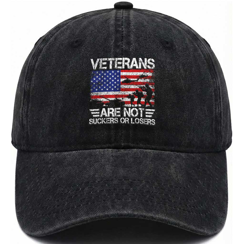 Veterans Are Not Suckers Or Losers Washed Cotton Baseball Cap Veteran Vintage US Flag Protest TS10 Washed Cap Universal Fit Black Print Your Wear