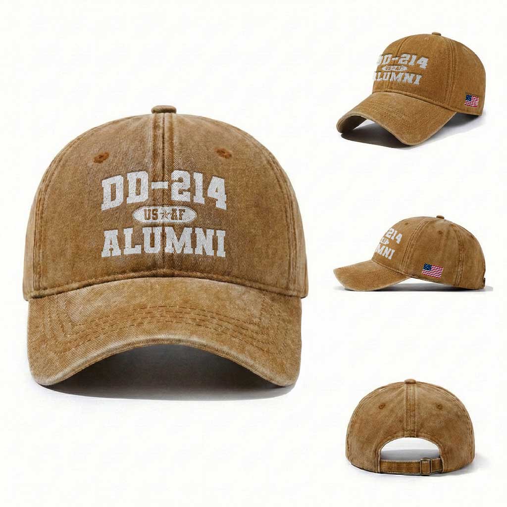 DD-214 US Air Force Alumni Washed Cotton Baseball Cap US Military Veteran Retired TS10 Washed Cap Universal Fit Yellow Ochre Print Your Wear