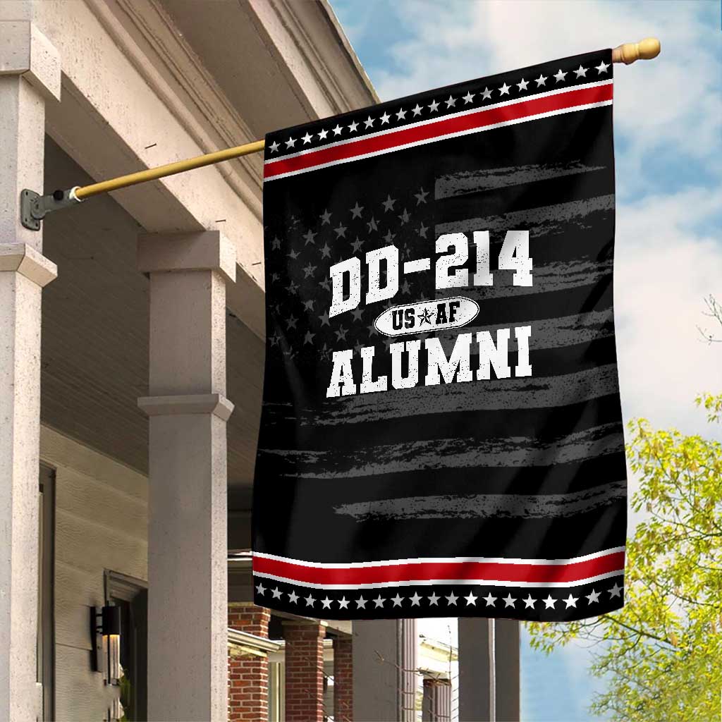 DD-214 US Air Force Alumni Garden Flag US Military Veteran Retired TS10 Distressed Black Red Print Your Wear