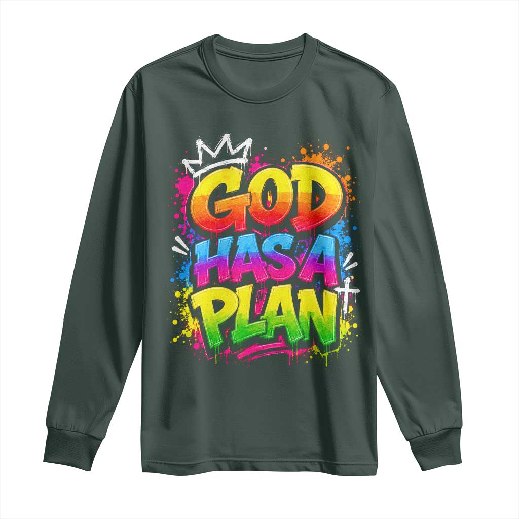 God Has A Plan Long Sleeve Shirt Graffiti Rap Christian Faith Graphic TS10 Dark Forest Green Print Your Wear
