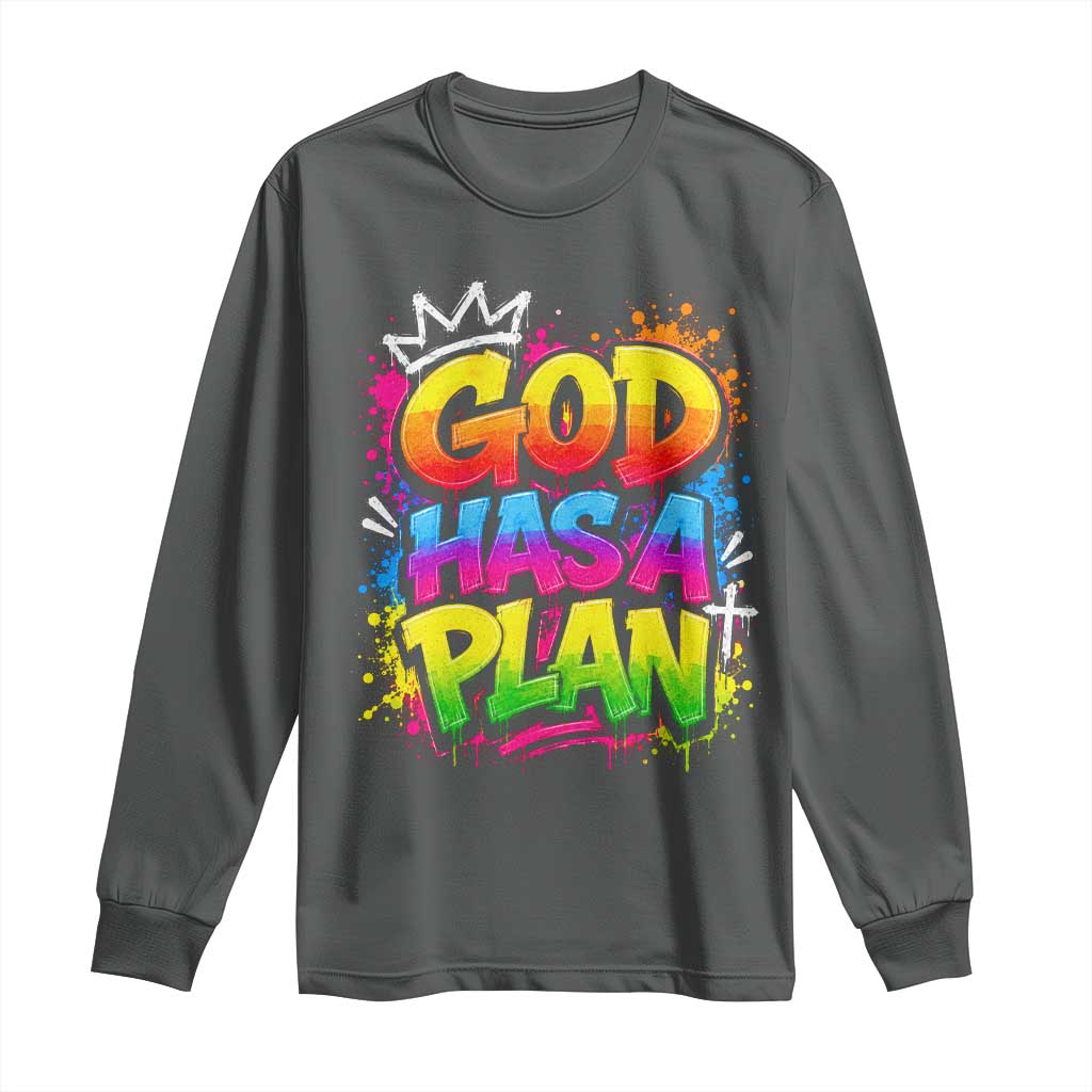 God Has A Plan Long Sleeve Shirt Graffiti Rap Christian Faith Graphic TS10 Dark Heather Print Your Wear