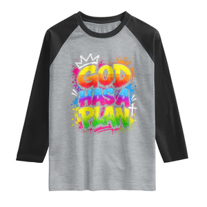 God Has A Plan Raglan Shirt Graffiti Rap Christian Faith Graphic TS10 Heather Gray Black Print Your Wear