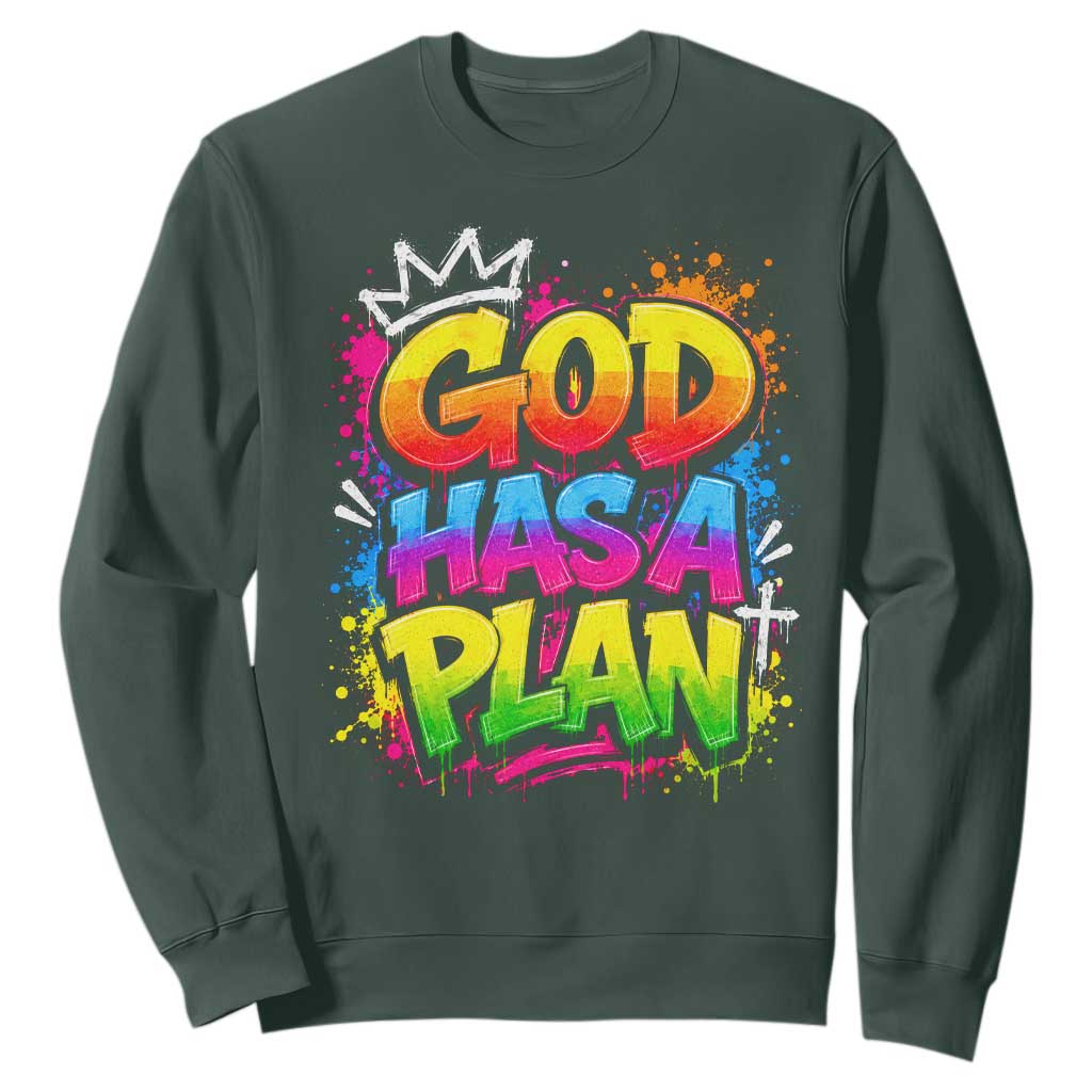 God Has A Plan Sweatshirt Graffiti Rap Christian Faith Graphic TS10 Dark Forest Green Print Your Wear