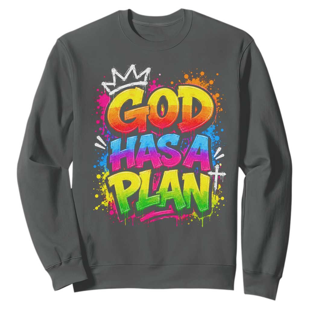 God Has A Plan Sweatshirt Graffiti Rap Christian Faith Graphic TS10 Dark Heather Print Your Wear
