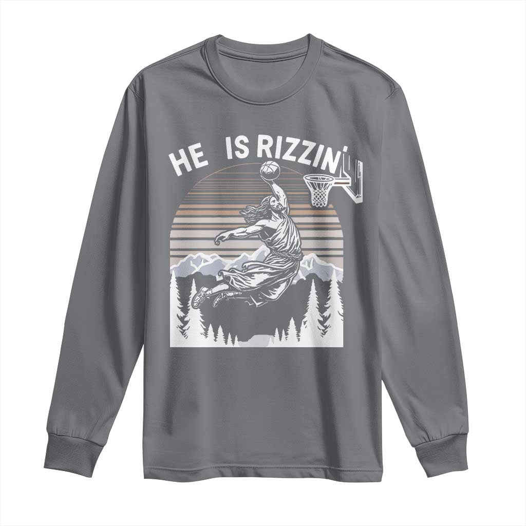 Funny Jesus Basketball Long Sleeve Shirt He Is Rizzin Retro Y2K Playing Basketball TS10 Charcoal Print Your Wear