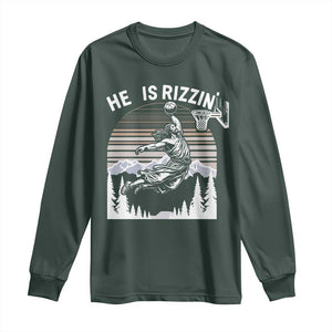 Funny Jesus Basketball Long Sleeve Shirt He Is Rizzin Retro Y2K Playing Basketball TS10 Dark Forest Green Print Your Wear