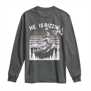 Funny Jesus Basketball Long Sleeve Shirt He Is Rizzin Retro Y2K Playing Basketball TS10 Dark Heather Print Your Wear