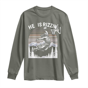 Funny Jesus Basketball Long Sleeve Shirt He Is Rizzin Retro Y2K Playing Basketball TS10 Military Green Print Your Wear