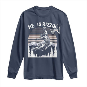 Funny Jesus Basketball Long Sleeve Shirt He Is Rizzin Retro Y2K Playing Basketball TS10 Navy Print Your Wear