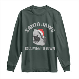 Funny Shark Christmas Long Sleeve Shirt Santa Jaws Is Coming Town TS10 Dark Forest Green Print Your Wear