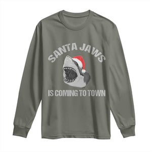 Funny Shark Christmas Long Sleeve Shirt Santa Jaws Is Coming Town TS10 Military Green Print Your Wear