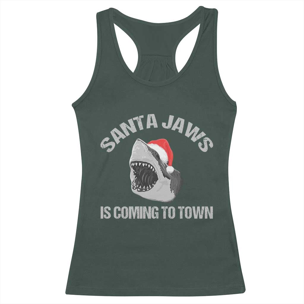 Funny Shark Christmas Racerback Tank Top Santa Jaws Is Coming Town TS10 Dark Forest Green Print Your Wear