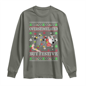 Possum Christmas Long Sleeve Shirt Overstimulated But Festive Ugly Christmas TS10 Military Green Print Your Wear