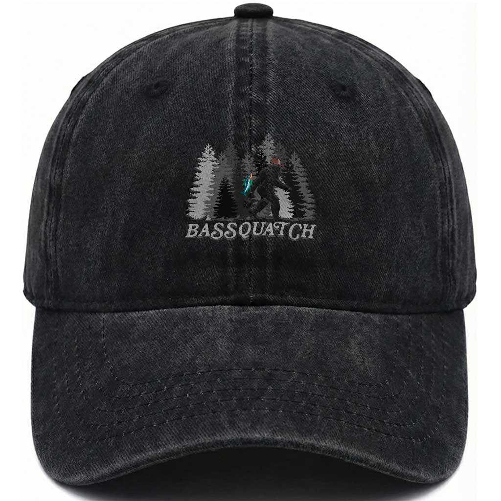 Funny Bigfoot Fishing Washed Cotton Baseball Cap Bassquatch Sasquatch In The Forest Yeti TS10 Print Your Wear