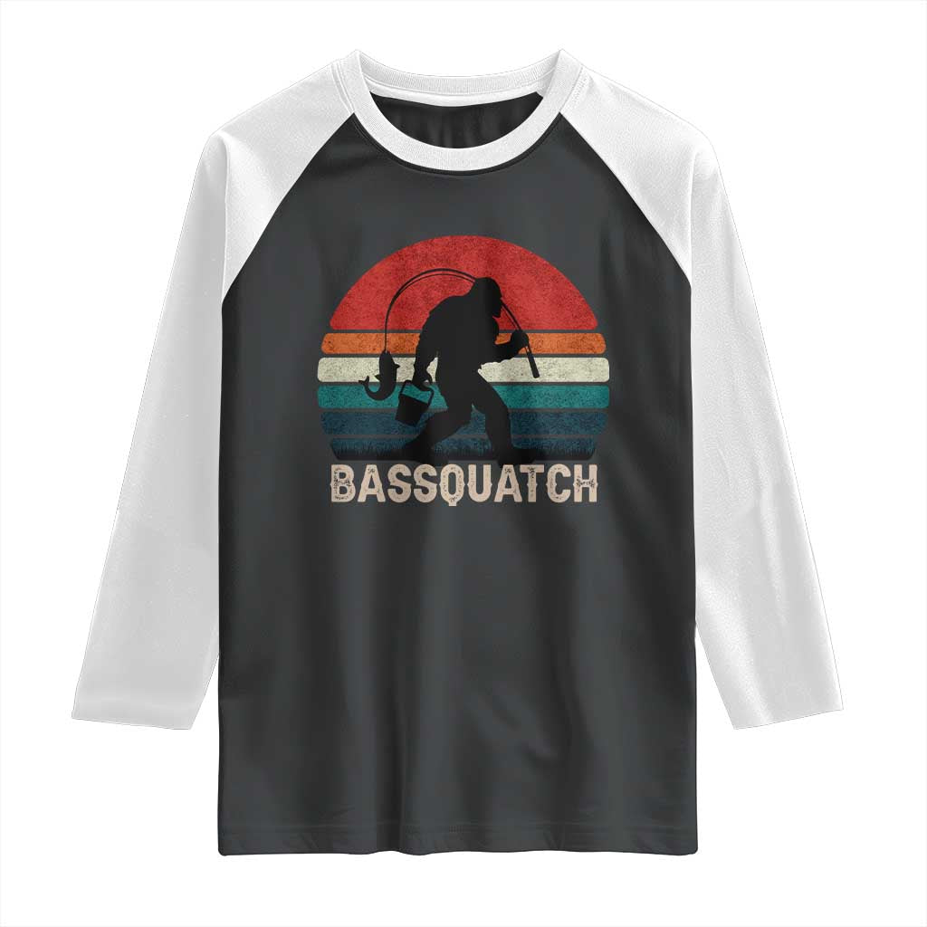 Retro Bigfoot Fishing Raglan Shirt Funny Retro Sasquatch Bassquatch Fisherman TS10 Black White Print Your Wear