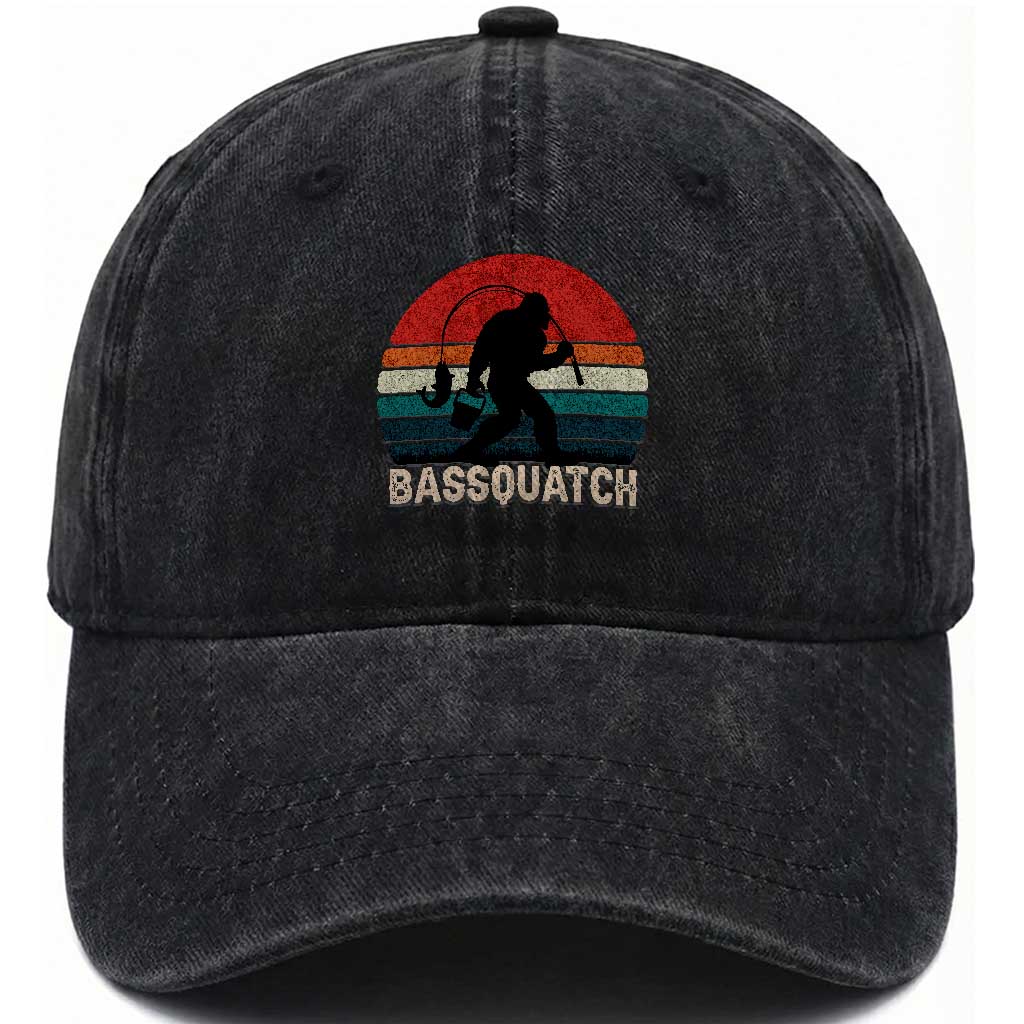 Retro Bigfoot Fishing Washed Cotton Baseball Cap Funny Retro Sasquatch Bassquatch Fisherman TS10 Print Your Wear