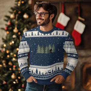 Bigfoot In The Forest Sasquatch Yeti Ugly Christmas Sweater TS10 Navy Beige Print Your Wear