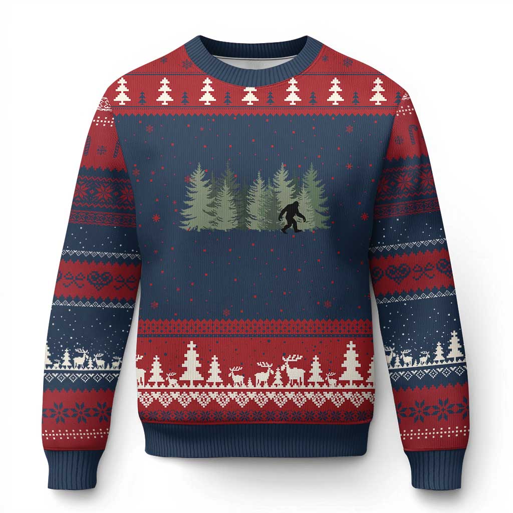 Bigfoot In The Forest Sasquatch Yeti Ugly Christmas Sweater TS10 Navy Red Print Your Wear