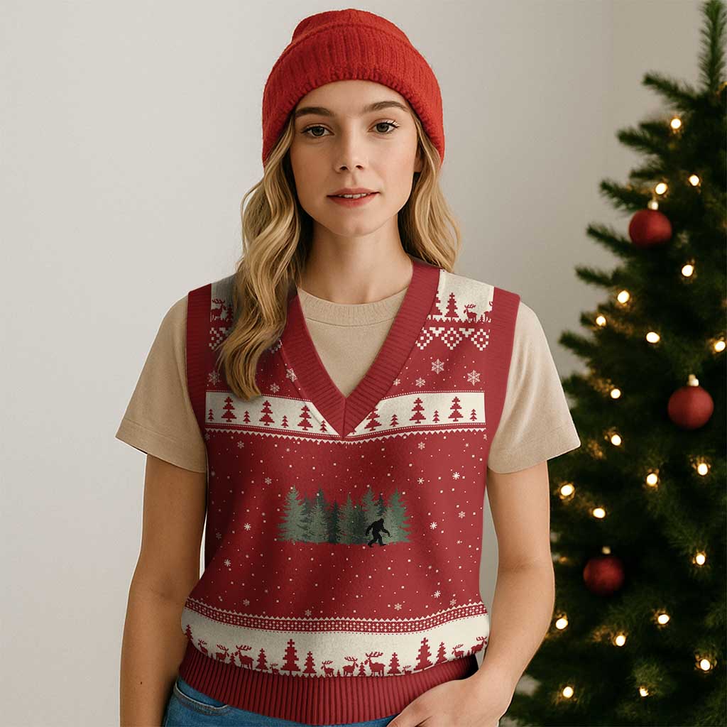 Bigfoot In The Forest Sasquatch Yeti V-Neck Knit Sweater Vest TS10 Red Beige Print Your Wear