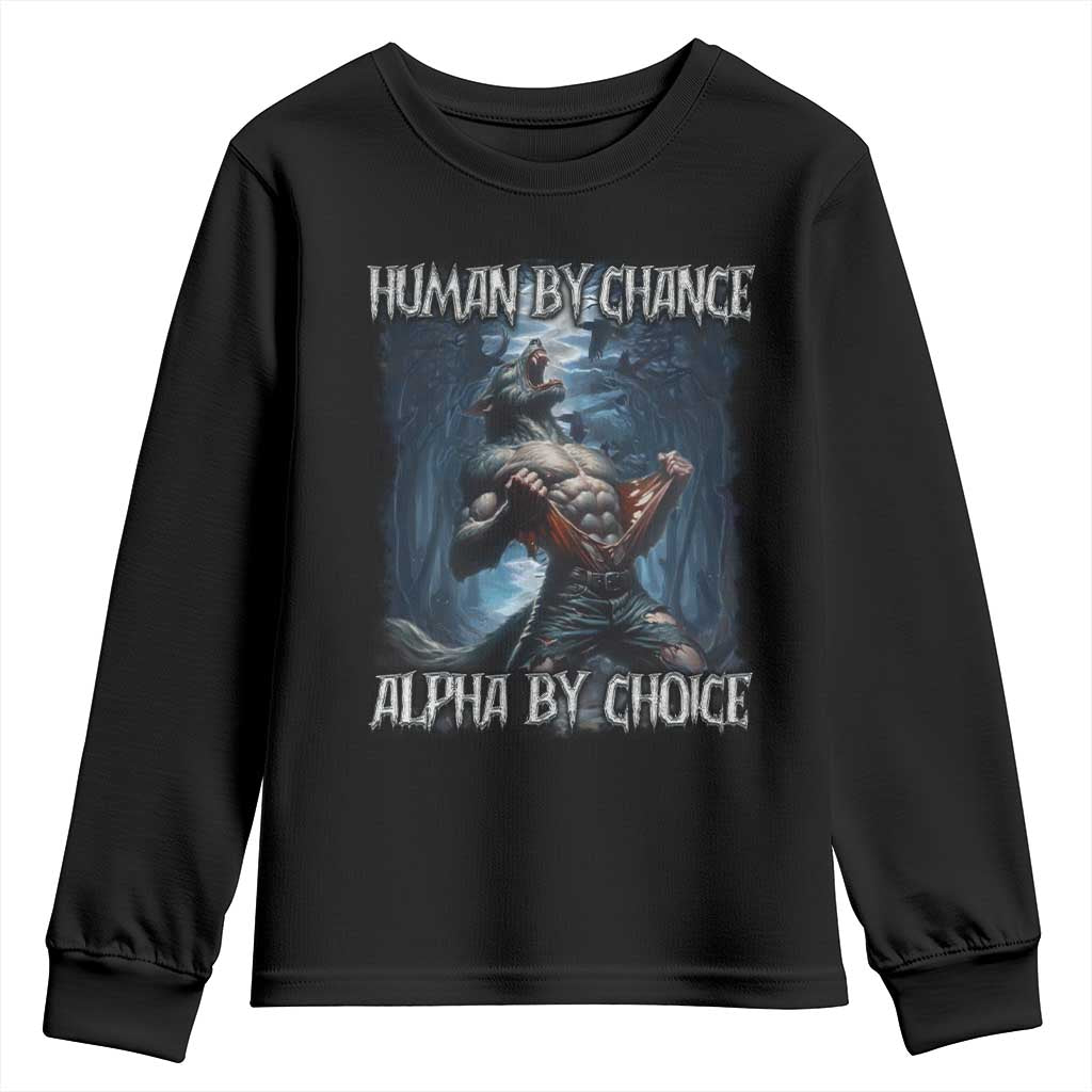 Human By Chance Alpha By Choice Wolf Youth Sweatshirt Vintage 90s Style Wolf Sigma Emo Meme TS10 Black Print Your Wear