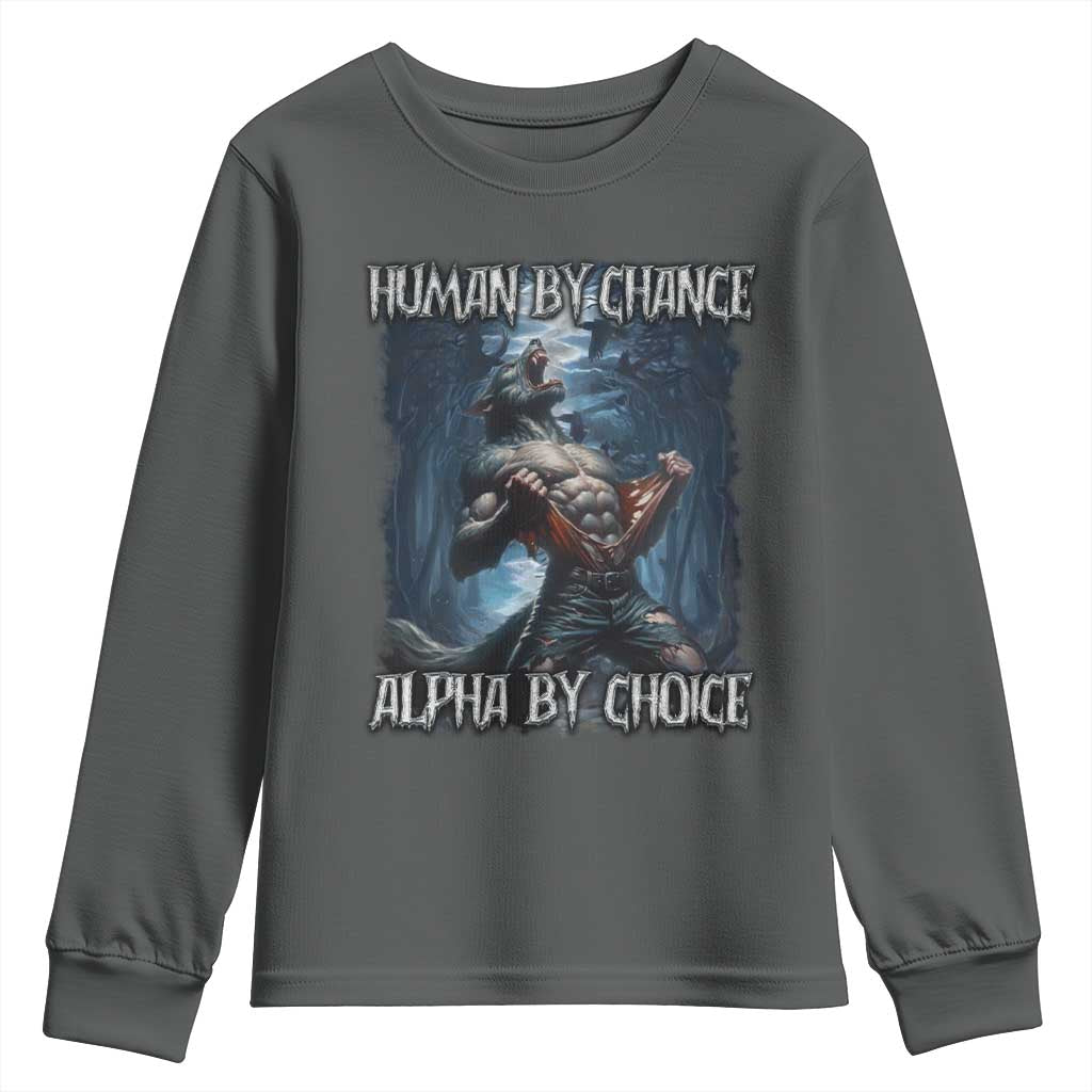 Human By Chance Alpha By Choice Wolf Youth Sweatshirt Vintage 90s Style Wolf Sigma Emo Meme TS10 Dark Heather Print Your Wear