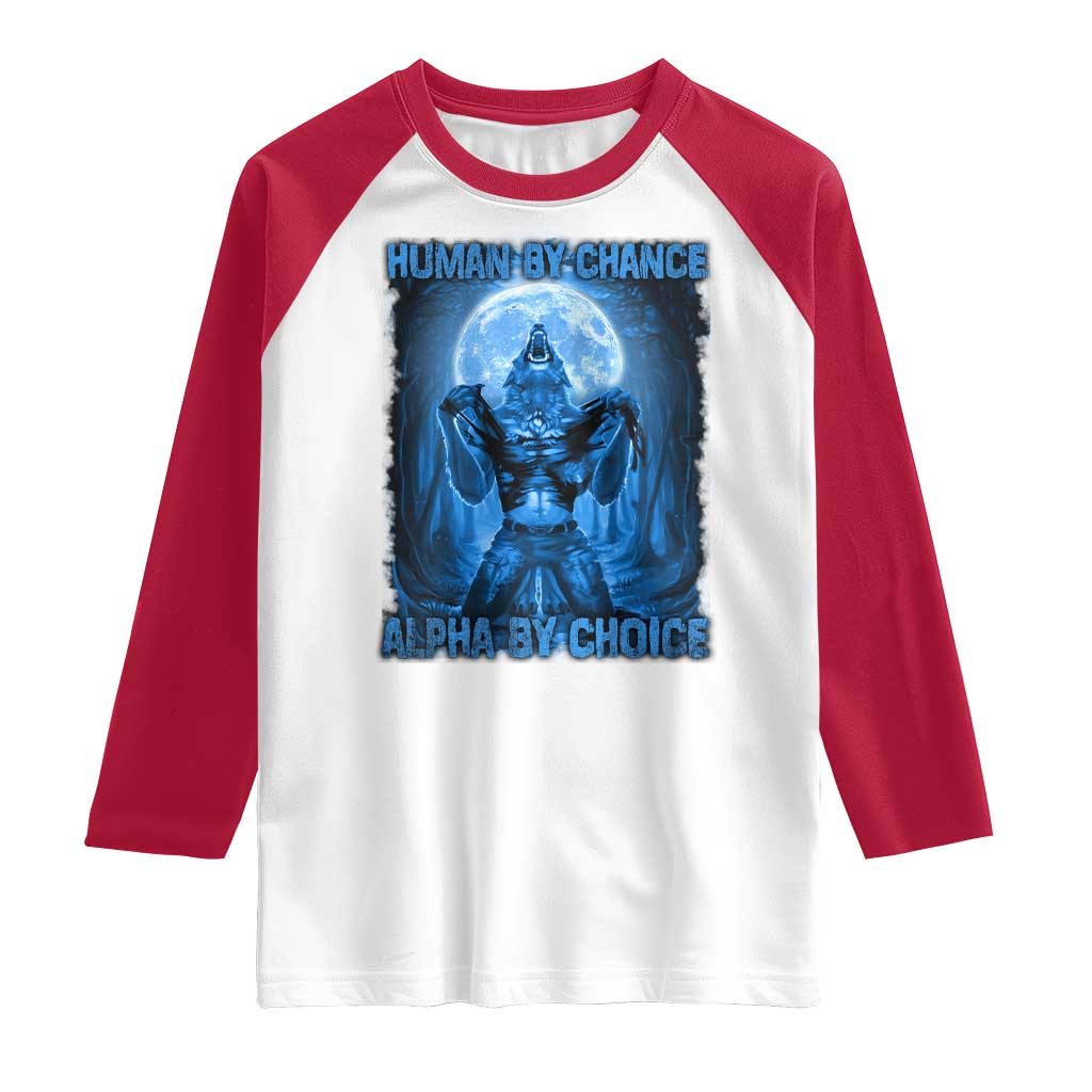 Funny Human By Chance Alpha By Choice Raglan Shirt Vintage 90s Alpha Wolf TS10 White Red Print Your Wear