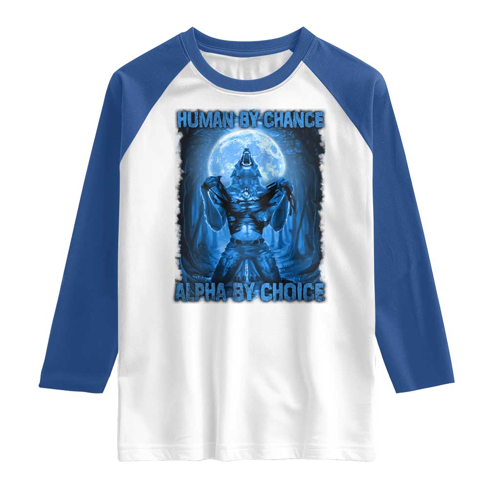 Funny Human By Chance Alpha By Choice Raglan Shirt Vintage 90s Alpha Wolf TS10 White Royal Print Your Wear