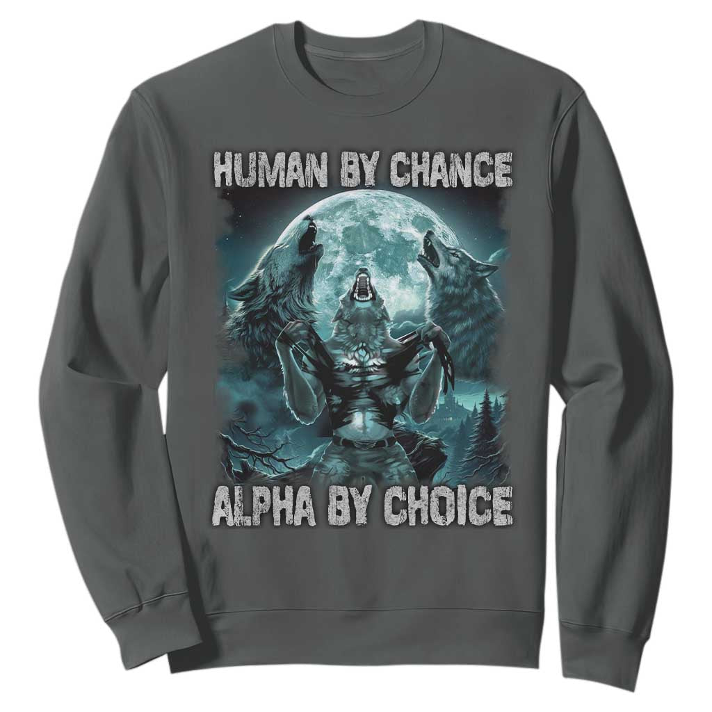 Funny Human By Chance Alpha By Choice Sweatshirt Alpha Wolf TS10 Dark Heather Print Your Wear