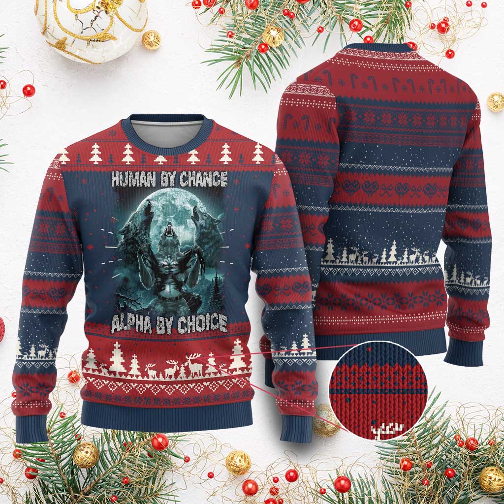 Funny Human By Chance Alpha By Choice Knit Sweatshirt Alpha Wolf TS10 Burgundy Print Your Wear