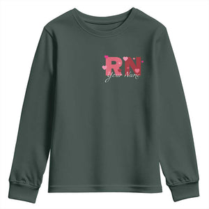 Personalized Registered Nurse Youth Sweatshirt Custom Name Cute Nurse Gift Valentines Day Heart TS10 Dark Forest Green Print Your Wear