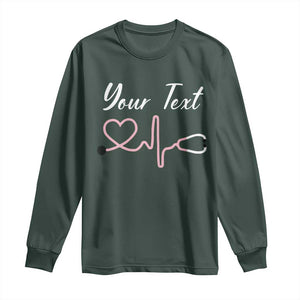 Personalized Nurse Long Sleeve Shirt Custom Name Nurse Gift Heartbeat Valentines Day Heart TS10 Dark Forest Green Print Your Wear