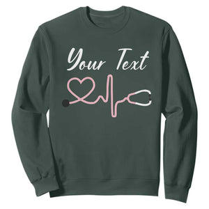 Personalized Nurse Sweatshirt Custom Name Nurse Gift Heartbeat Valentines Day Heart TS10 Dark Forest Green Print Your Wear